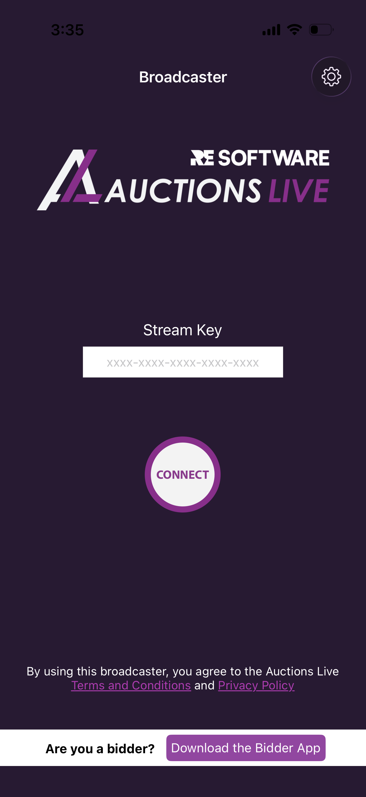 Auctions Live Broadcaster stream key screen