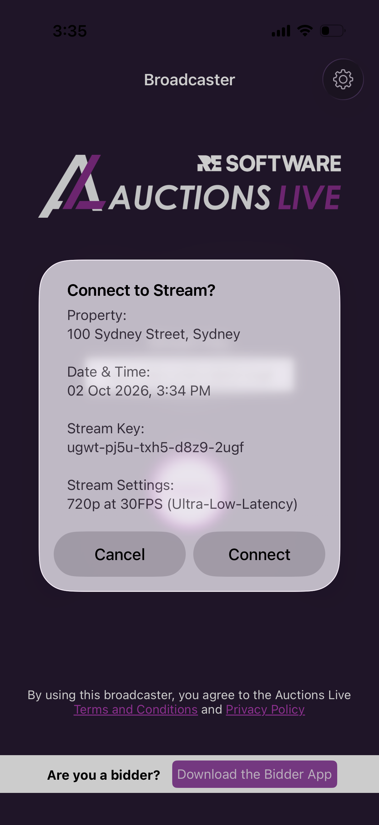 Auctions Live Broadcaster confirmation screen
