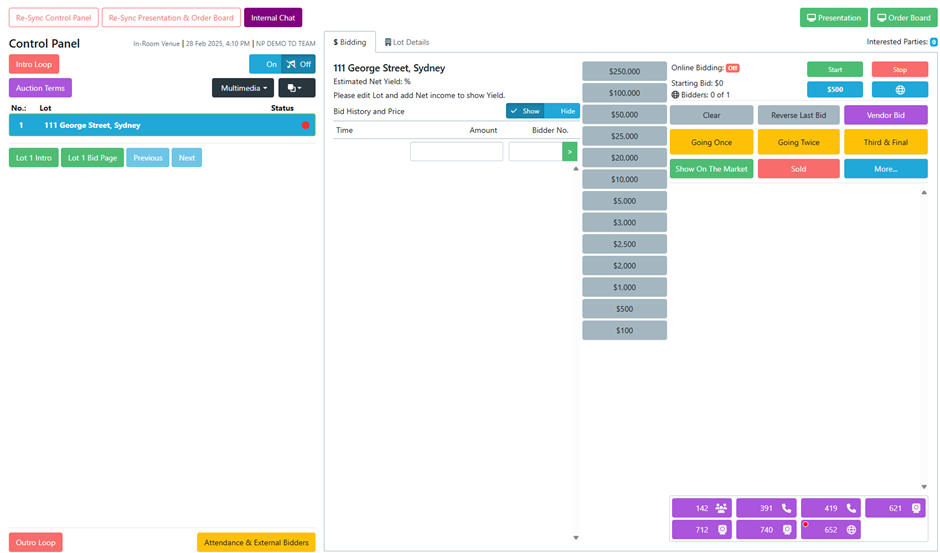 Auctions Live Control Panel showing approved registered bidders