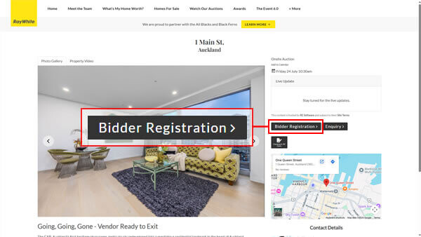 Auctions Live public property page showing the bidder registration option