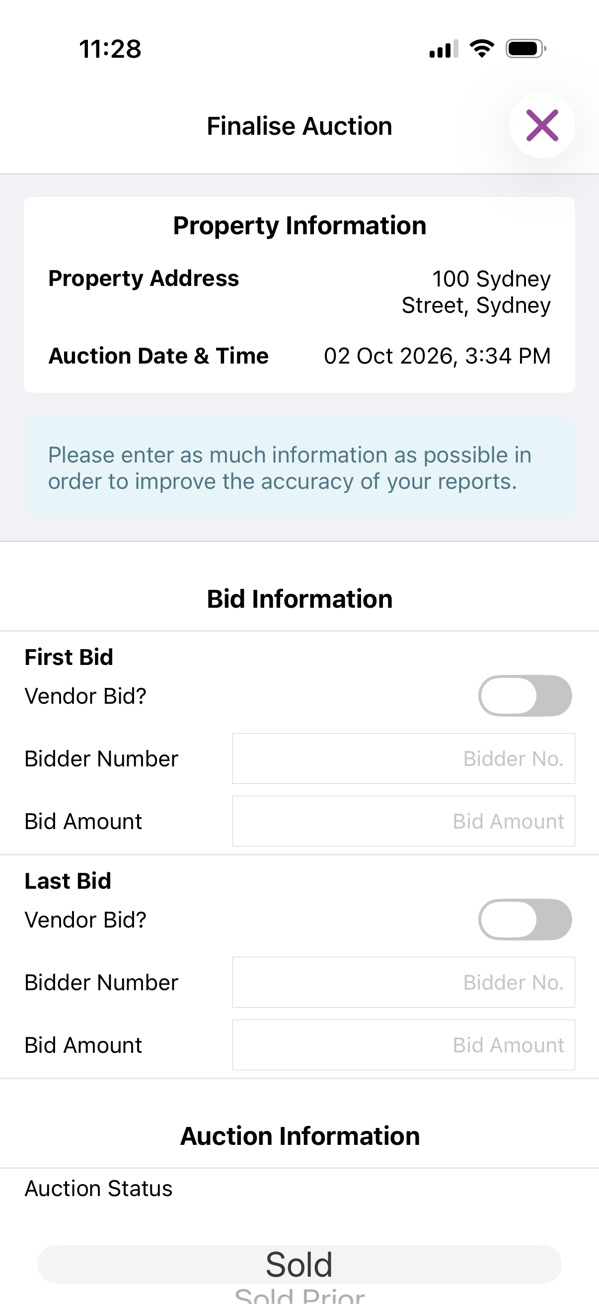Auctions Live Stream Only post-auction information screen