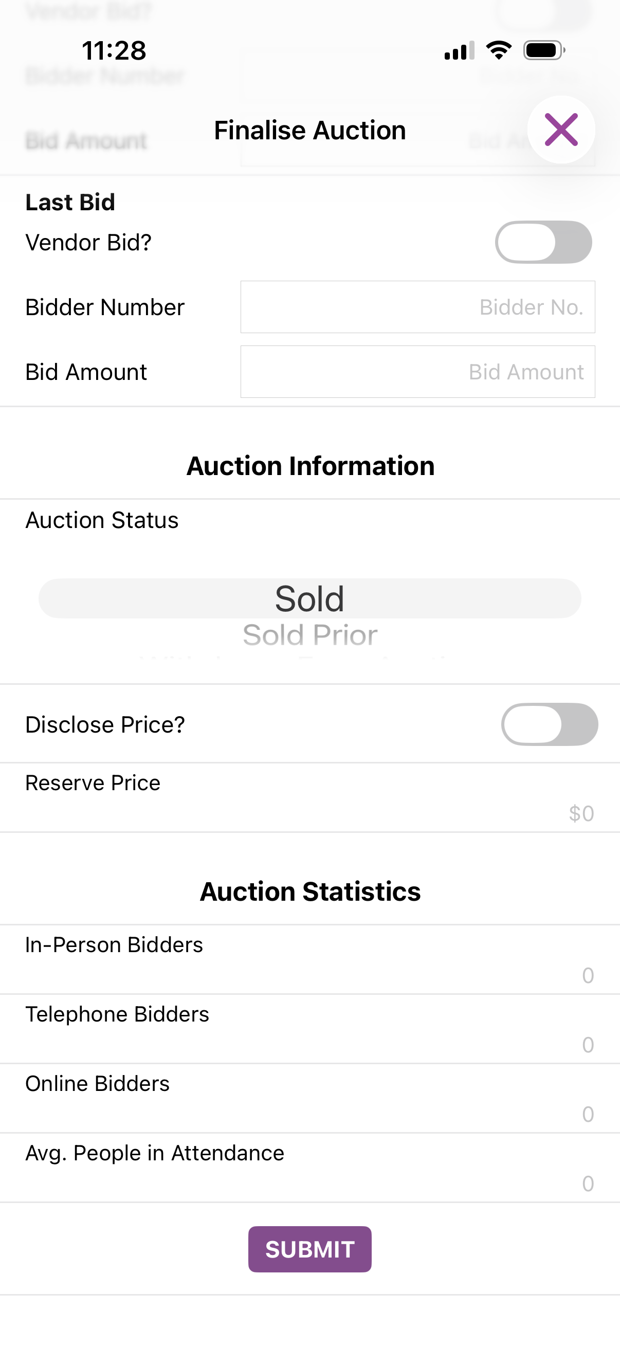 Auctions Live Stream Only post-auction record screen
