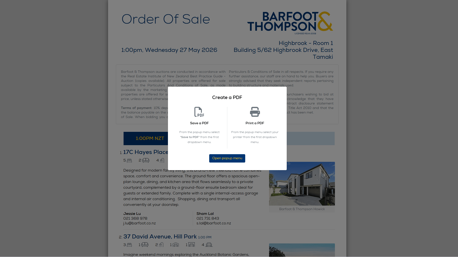 Printable & Downloadable Order of Sale PDF - Barfoot & Thompson - 1