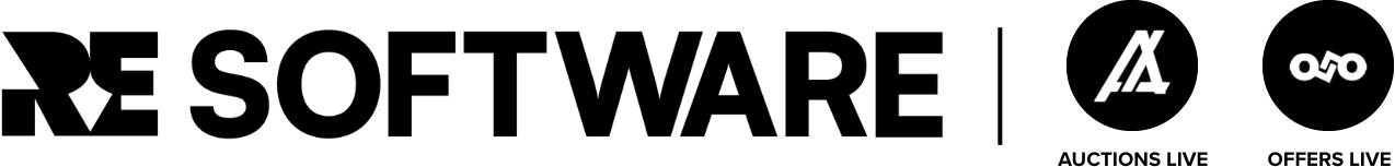 RE Software logo with Auctions Live and Offers Live icons in dark treatment for light backgrounds