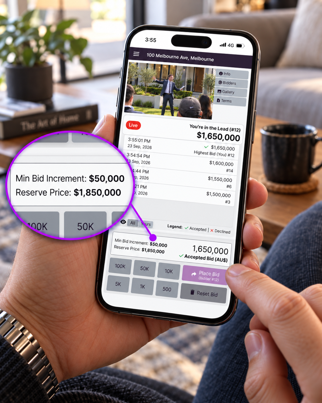 Reserve price displayed to an online bidder in the Auctions Live Bid Buy App during a Victorian property auction