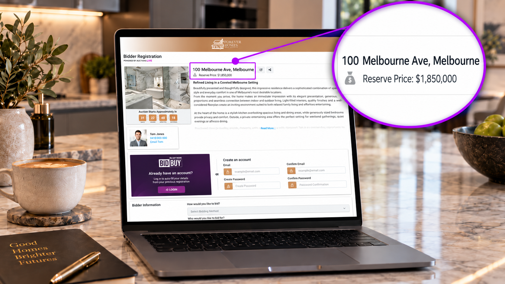 Victorian auction reserve price displayed during online bidder registration with Auctions Live