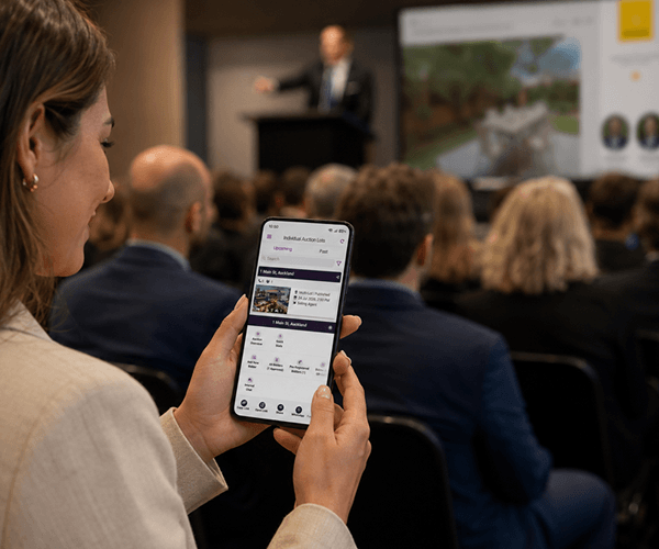 New Zealand property auction with an auctioneer, registered buyers and an agent using the Auctions Live Mobile Console App