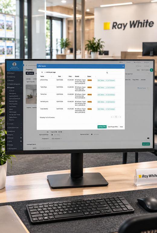 Vault CRM buyer record screenshot displayed in an office setting
